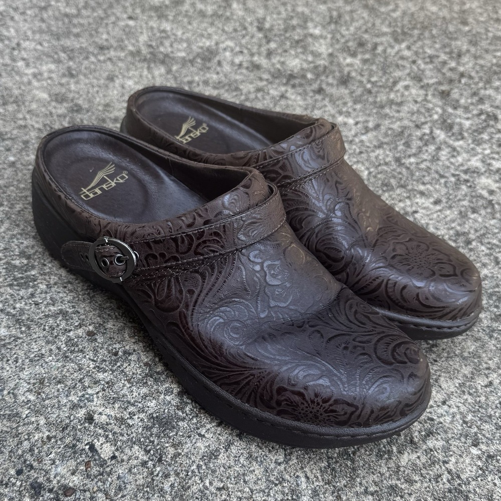 Dansko Allison Clog Women's 7.5 US (38 EU) Brown Leather Floral Embossed Mule
